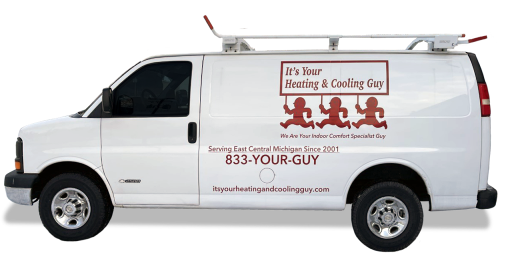White HVAC service van with logo "It's Your Heating & Cooling Guy". Includes contact info and website. Ladder mounted on top.