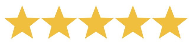 Five yellow stars in a row on a transparent background.