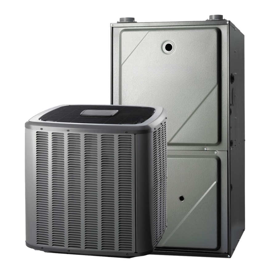 Outdoor air conditioning unit and an indoor furnace unit placed side by side against a white background.